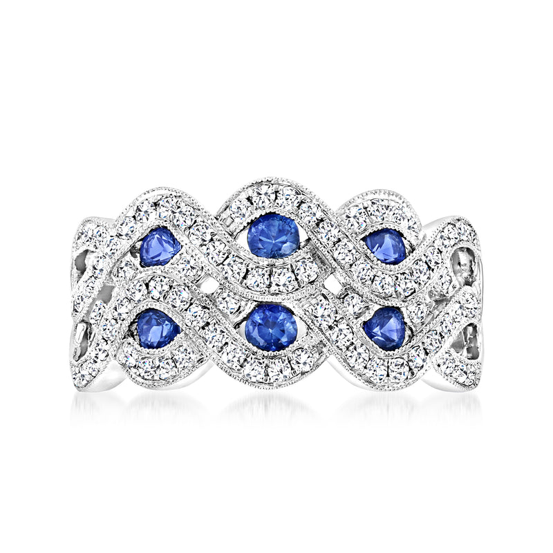 14k white gold wavy ring with blue sapphires and diamond accents in scalloped halos