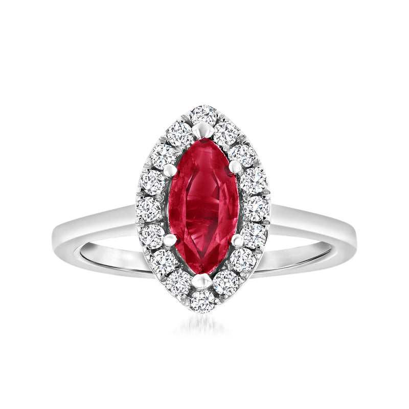 14kt white gold ring with oval red ruby center and diamond halo; slim band