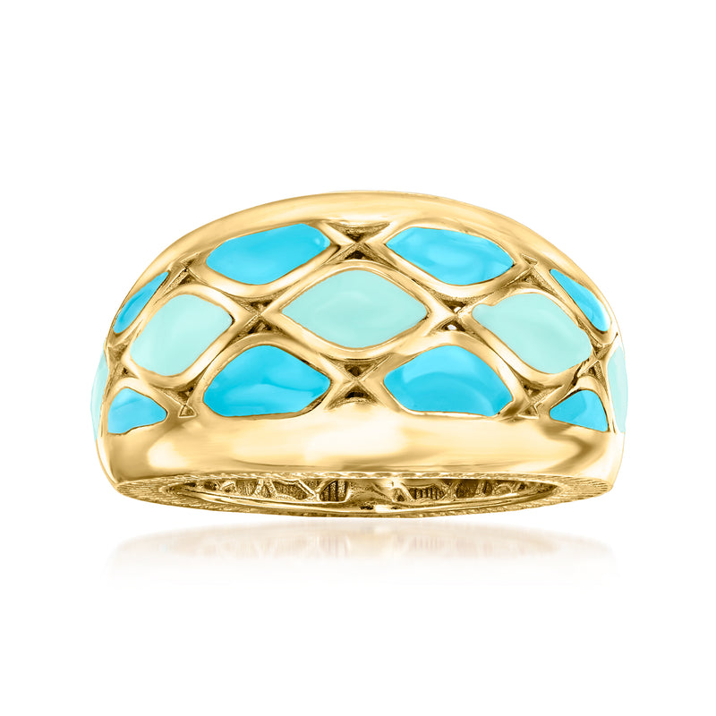 Gold over sterling ring with teal blue enamel leaf pattern, openwork band design