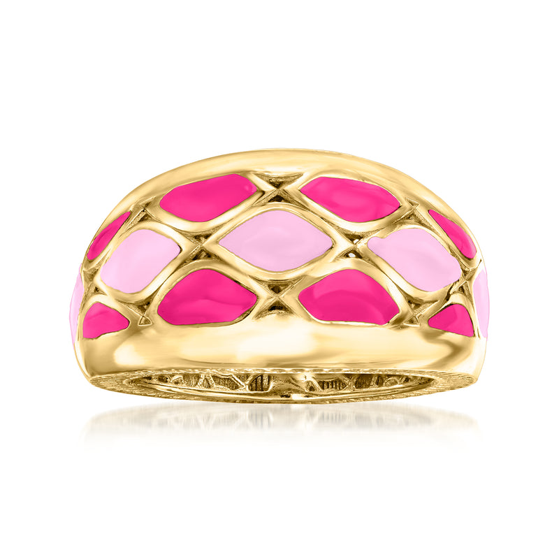 18kt gold over sterling ring with pink enamel lattice and oval gemstone-style accents
