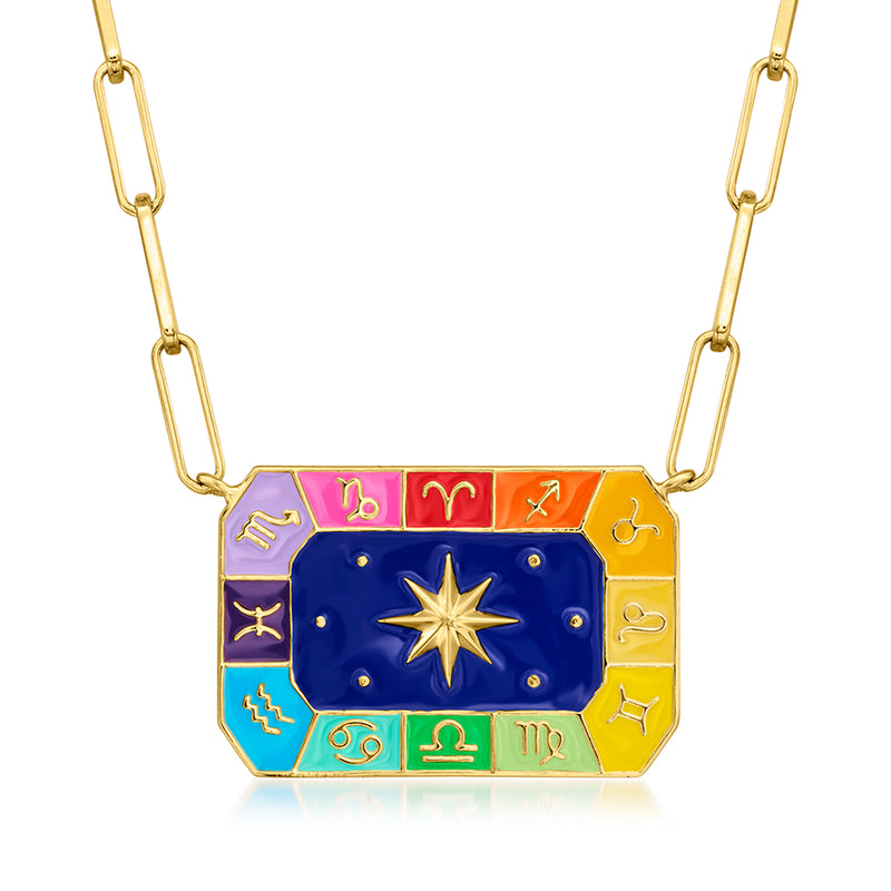 18k yellow gold over sterling zodiac paper clip link necklace with colorful enamel pendant