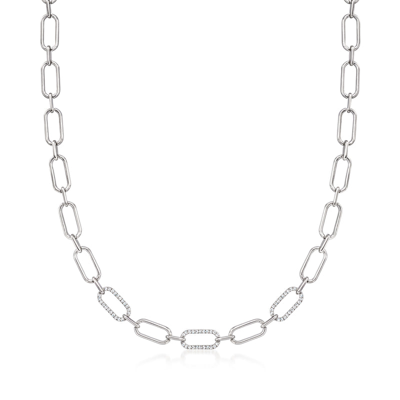 Sterling silver paper clip link necklace with diamond accents