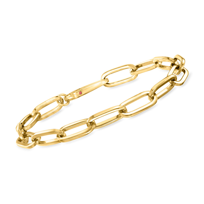 18kt yellow gold paper clip link bracelet with small pink accent stone