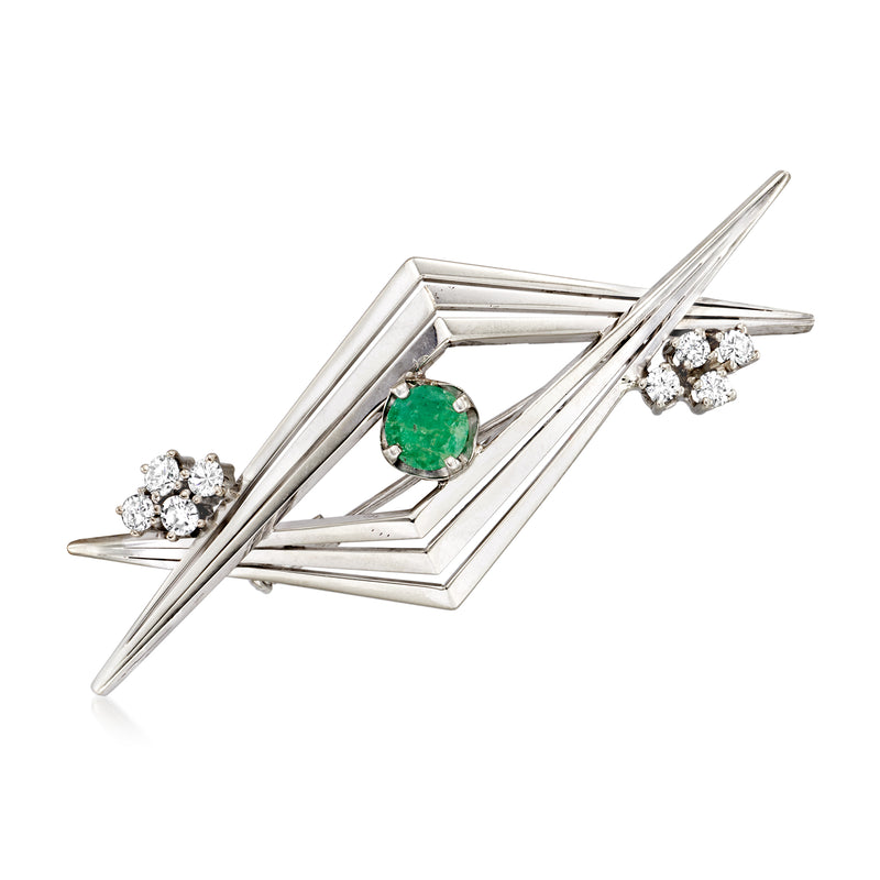 Vintage white gold geometric pin with round emerald center and diamond clusters