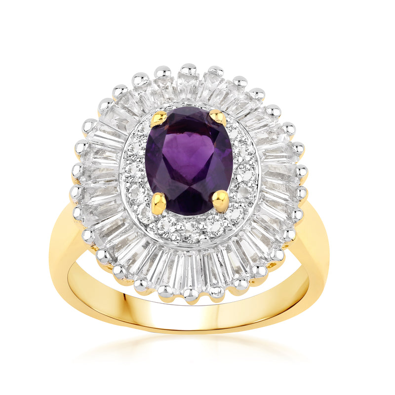Amethyst oval gemstone ring with diamond-like halo in gold-tone setting