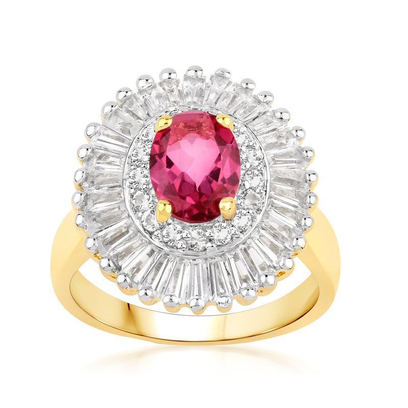 Pink oval topaz ring with white topaz halo and gold over sterling band