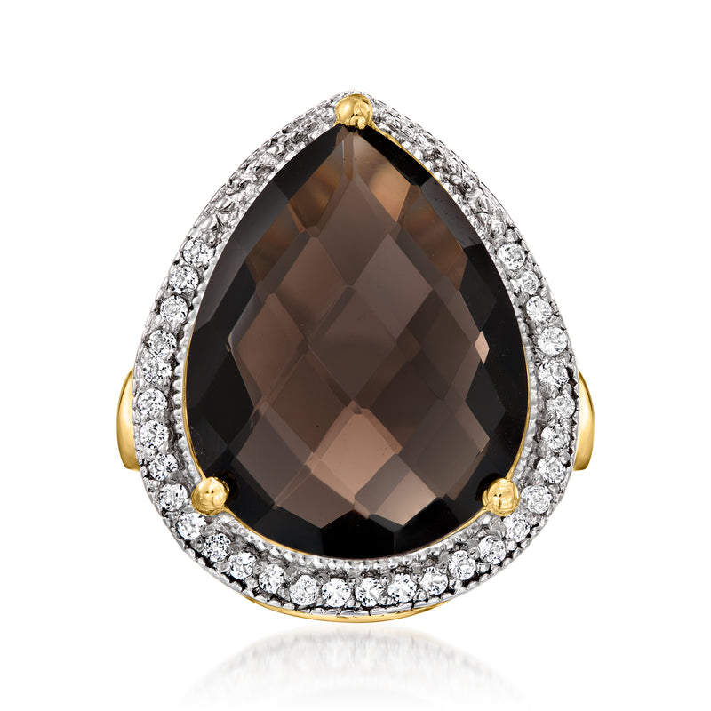 Teardrop smoky quartz ring with white stone halo and 18k-gold prongs