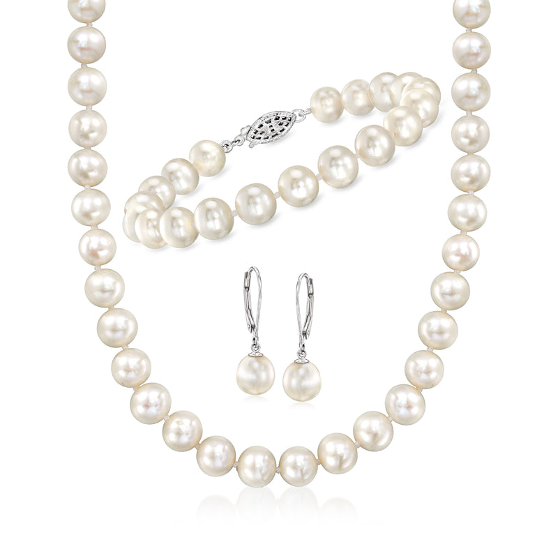 Cultured pearl jewelry set with sterling silver necklace, bracelet, and drop earrings