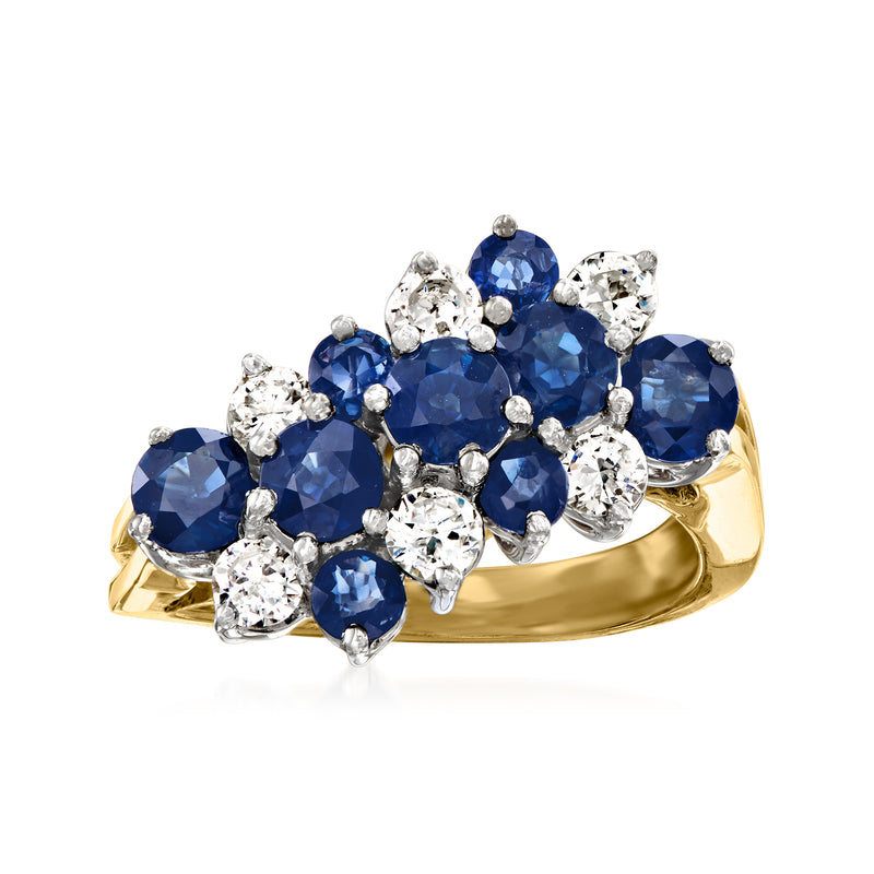 Sapphire and diamond cluster ring with blue stones and white accents in yellow gold