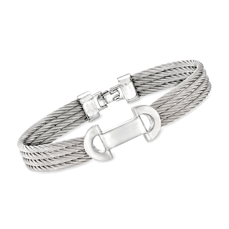 ALOR men's stainless steel cable ID bracelet with gray mesh and white ID bar.