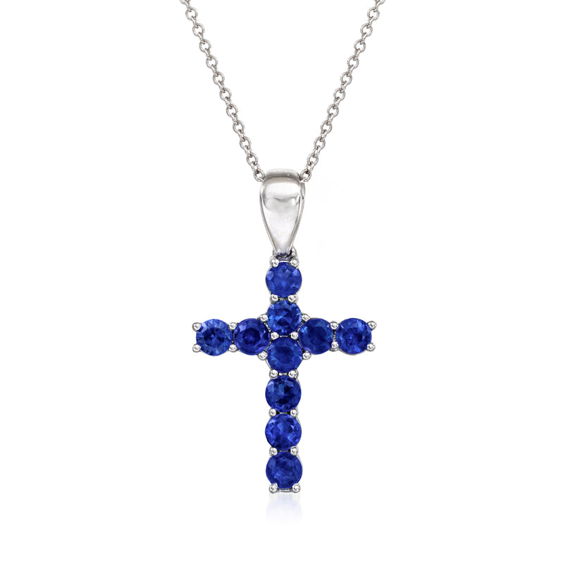 Blue sapphire cross pendant necklace in 18kt white gold, cluster teardrop setting