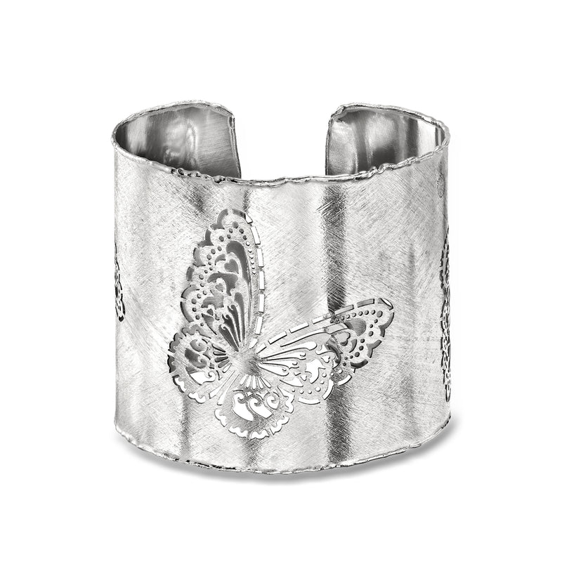 Sterling silver openwork butterfly cuff bracelet, brushed and polished finish