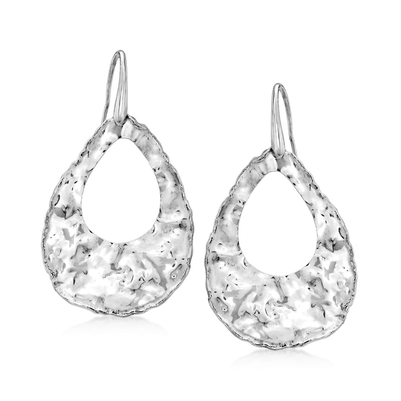 Sterling silver hammered teardrop drop earrings with open teardrop shape and earwire
