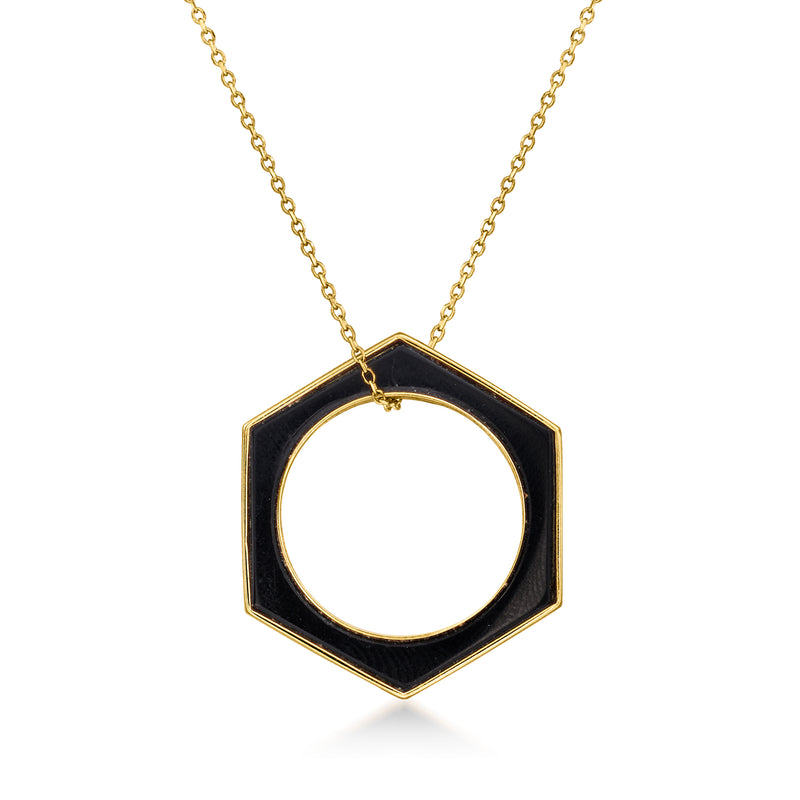 18kt yellow gold hexagon pendant with black onyx inlay and circular center