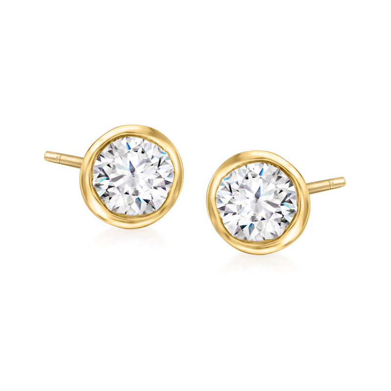 14kt yellow gold bezel-set diamond stud earrings, round center stones