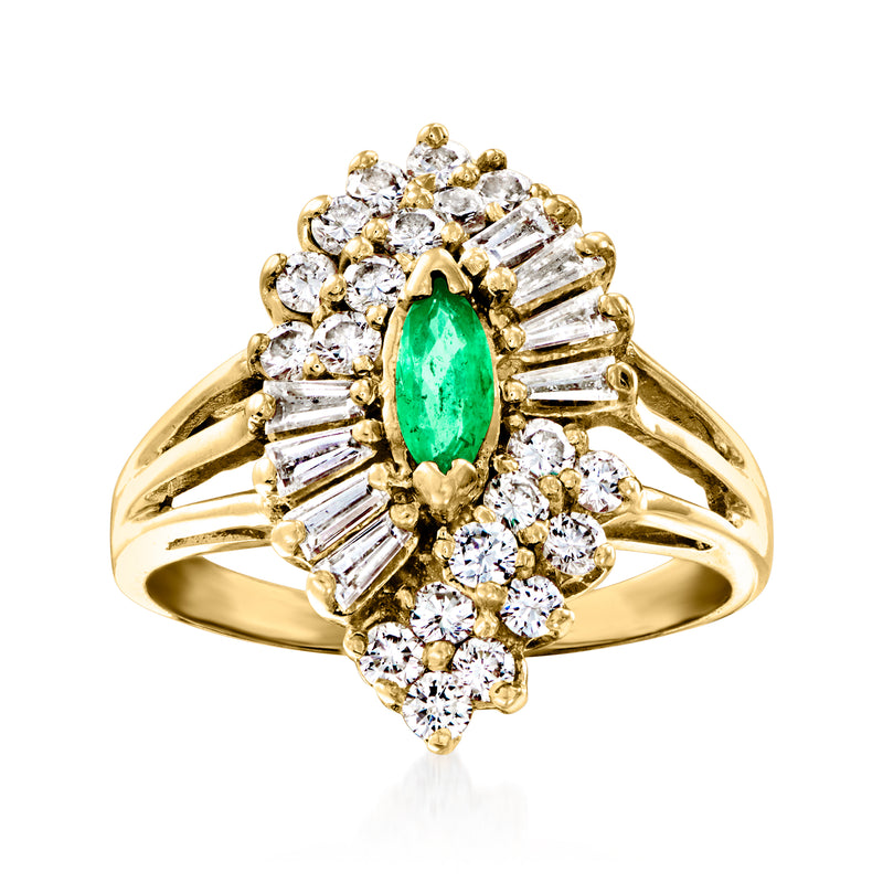 Vintage yellow gold cocktail ring with oval green emerald center and diamond halo