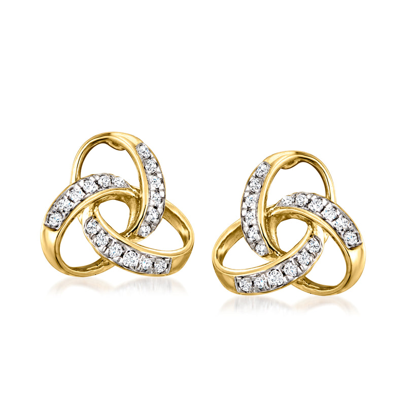 14kt yellow gold diamond Celtic knot stud earrings with pave accents, round knot design