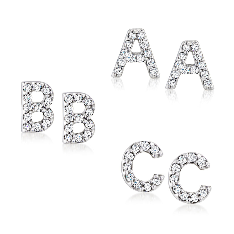 Sterling silver diamond initial stud earrings with diamond-studded letter shapes