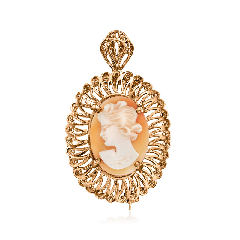 14kt yellow gold oval brown shell cameo pin/pendant with carved profile figure