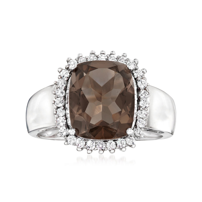 Smoky quartz and white topaz halo ring, sterling silver, oval center stone