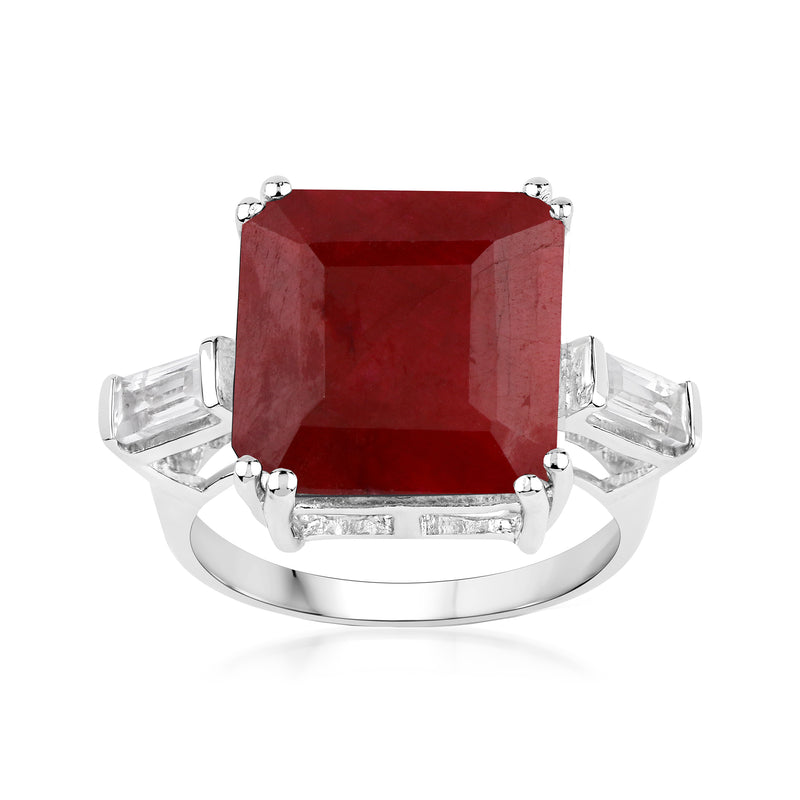 Sterling silver ring with large square red gemstone and baguette-cut side stones