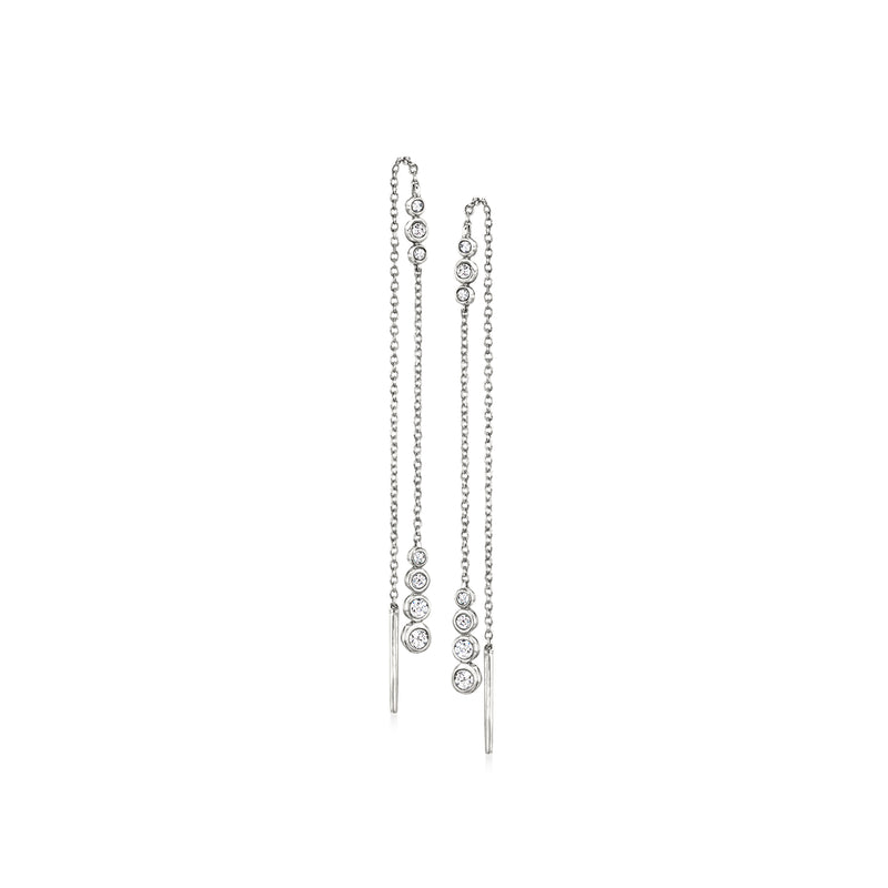 Sterling silver diamond threader earrings with round bezel-set stones