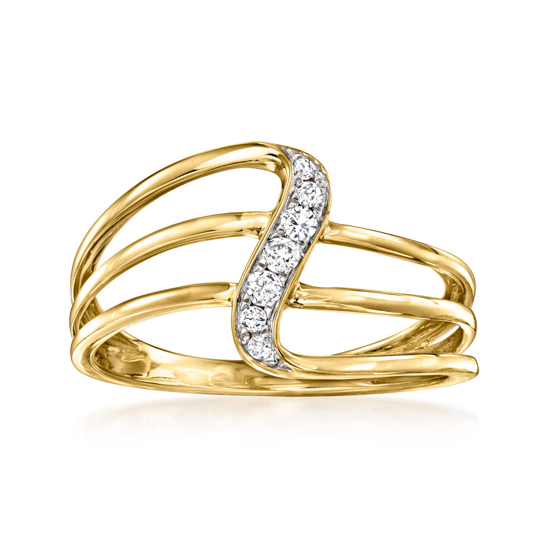 18kt yellow gold wave diamond ring with bezel-set round stones