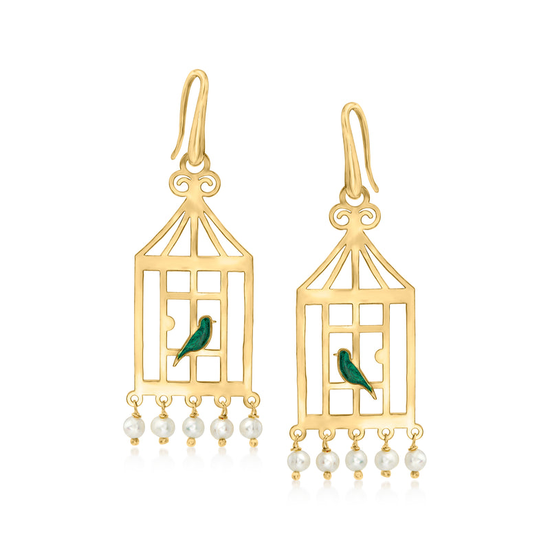 Gold drop earrings with green enamel bird in cage and clusters of white pearls