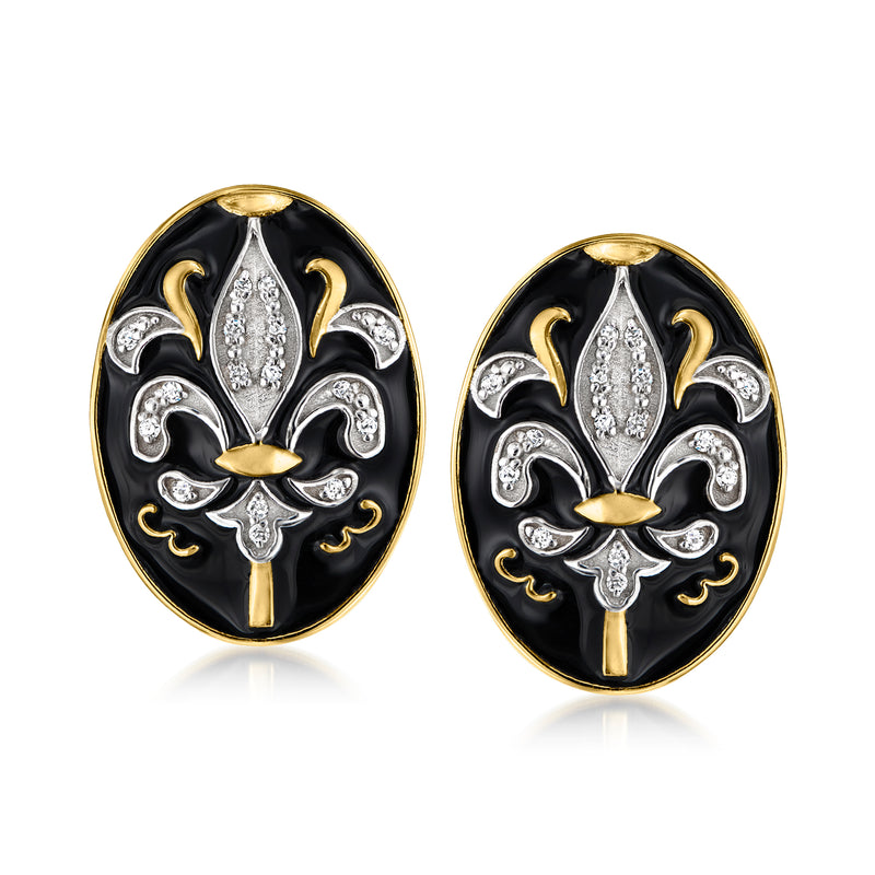 Fleur-de-lis drop earrings with black enamel and crystal-like stones, oval gold border