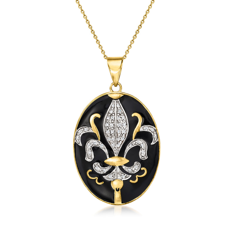 18kt gold over sterling pendant necklace with black enamel fleur-de-lis and diamond accents