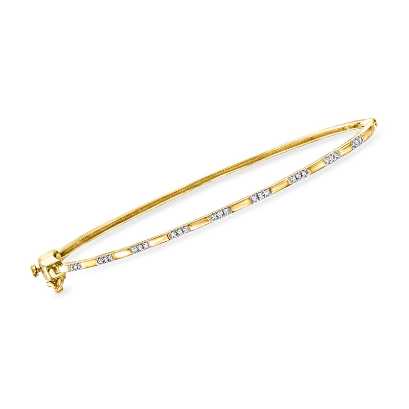 14kt yellow gold diamond-striped bangle bracelet with clasp and two-row stone accents