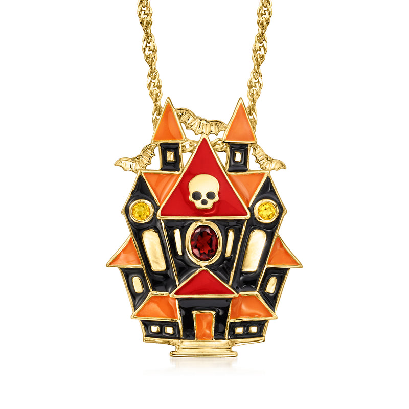 Haunted house enamel pendant necklace, gold-tone chain with red skull and round red gemstone
