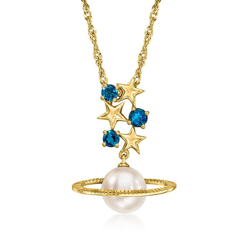 Gold pendant necklace with white pearl, blue star accents, and London blue topaz