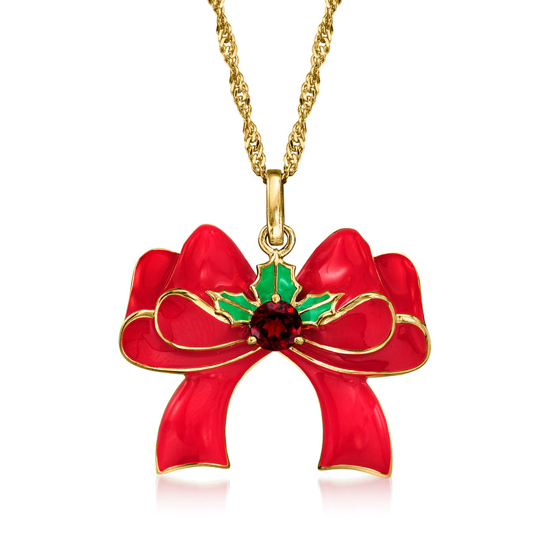 Red enamel bow pendant necklace with green accents, round garnet center, gold chain