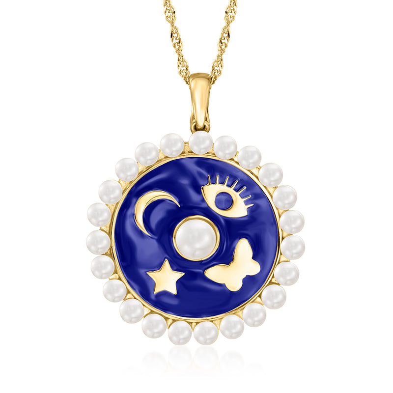 Gold pendant necklace with blue enamel zodiac-style disc and white pearl halo