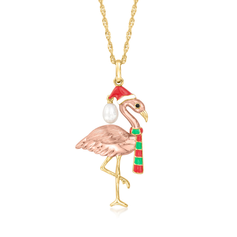 Flamingo pendant necklace with white pearl and multicolored enamel, two-tone gold chain