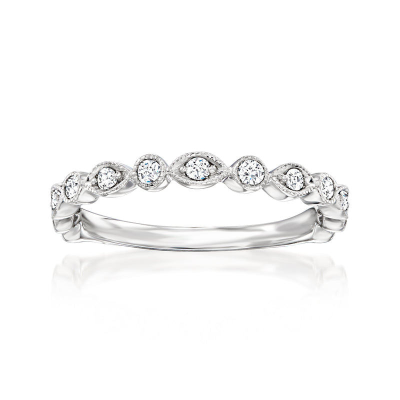 14k white gold diamond wedding band with round prong-set stones