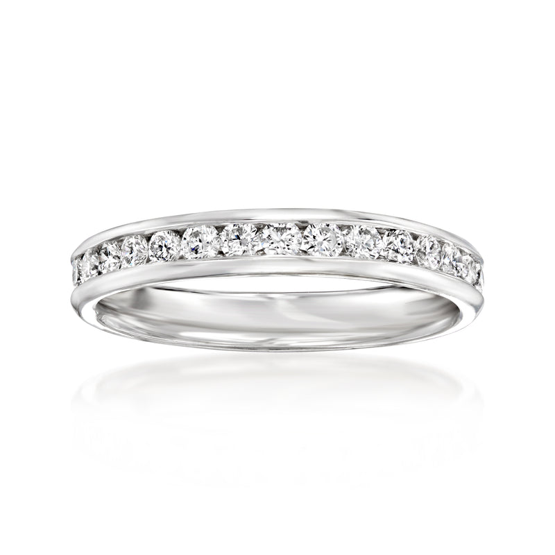 14kt white gold diamond wedding band with full row of round-cut stones