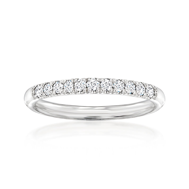 14kt white gold diamond wedding band with round stones across the top