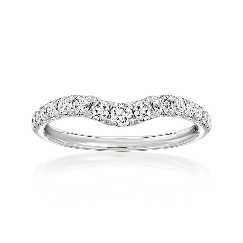 Curved 14kt white gold wedding band with channel-set round diamonds, glossy finish