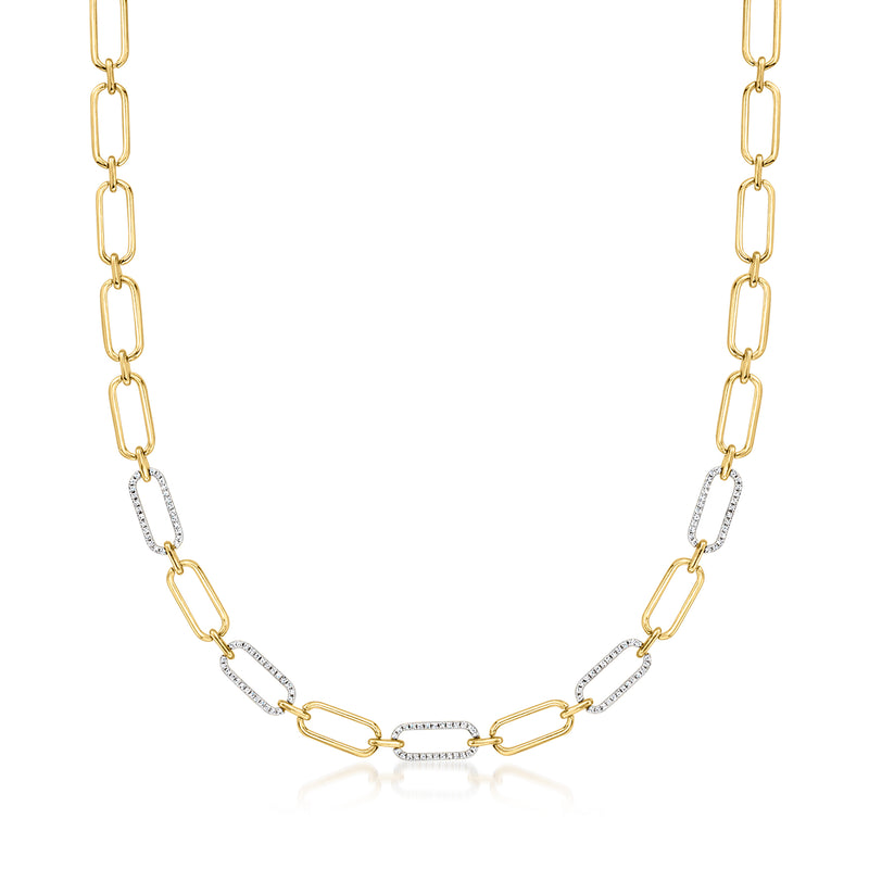 Gold paper-clip link necklace with small diamond stone stations
