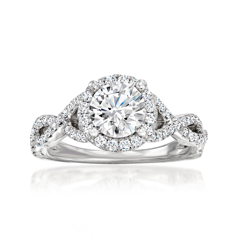 14kt white gold diamond engagement ring setting with round center stone and halo