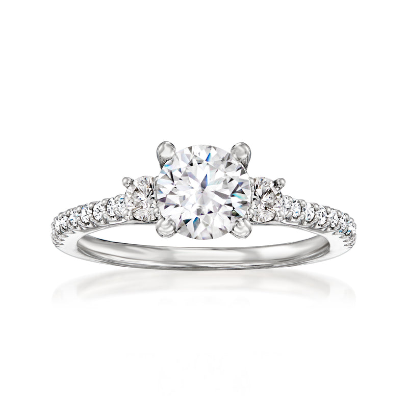 14kt white gold diamond engagement ring setting with round center stone and side halos