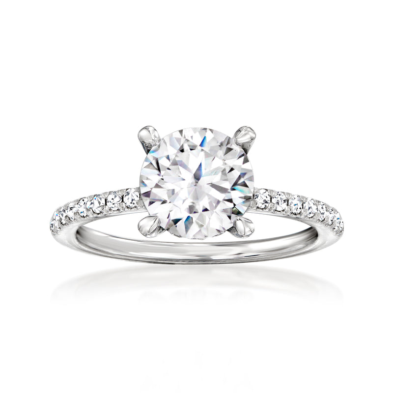 14k white gold diamond engagement ring setting with round center stone and pave accents