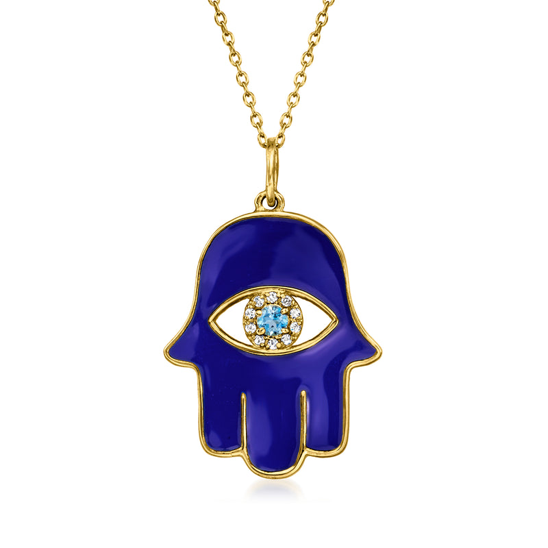 18kt gold over sterling hamsa pendant with blue enamel evil eye and diamond accents