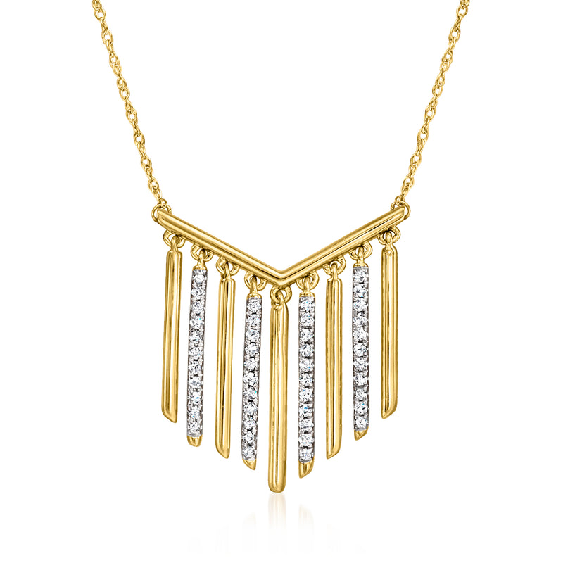 Gold chevron dangle necklace with diamond-like stones and vertical fringe links