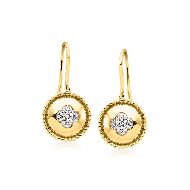 18kt yellow gold drop earrings with round beaded edge and diamond clover centers.