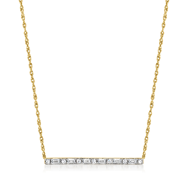 14kt yellow gold diamond bar necklace with round and baguette stones, fine chain
