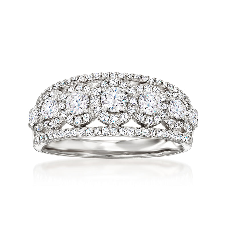 14kt white gold diamond multi-halo ring with round stones across the top