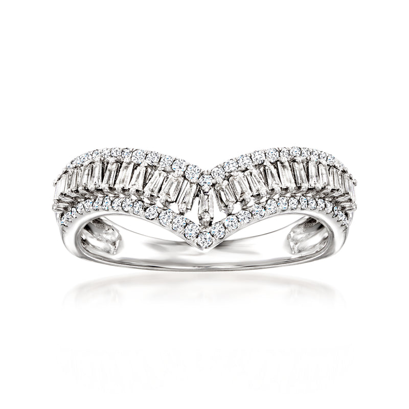 14kt white gold chevron diamond ring with baguette and round stones